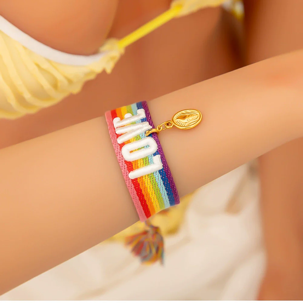 Women's Stainless Steel Braided Adjustable Bracelet With Rainbow Love Tassel Electroplating Design - Image 4