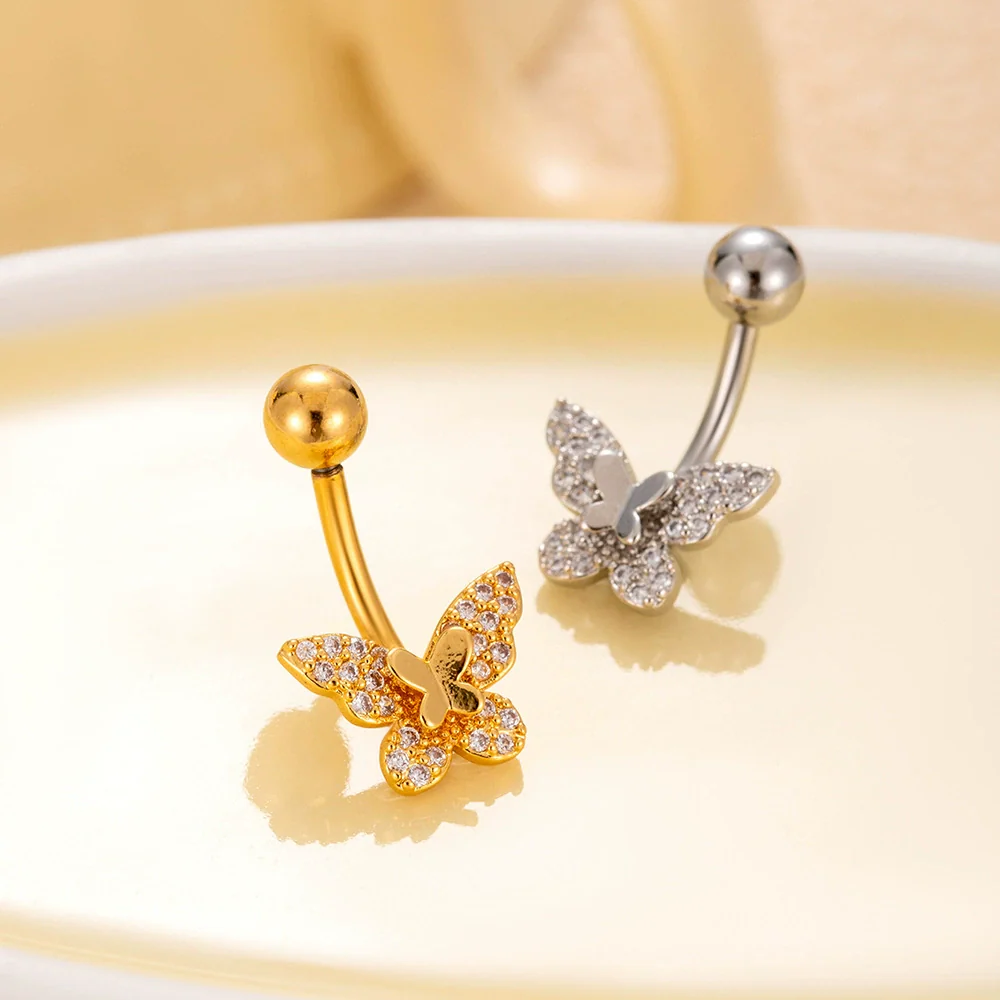 Women's Stainless Steel Butterfly Zircon Belly Button Ring Electroplated Fashion Abdominal Puncture Jewelry - Image 3