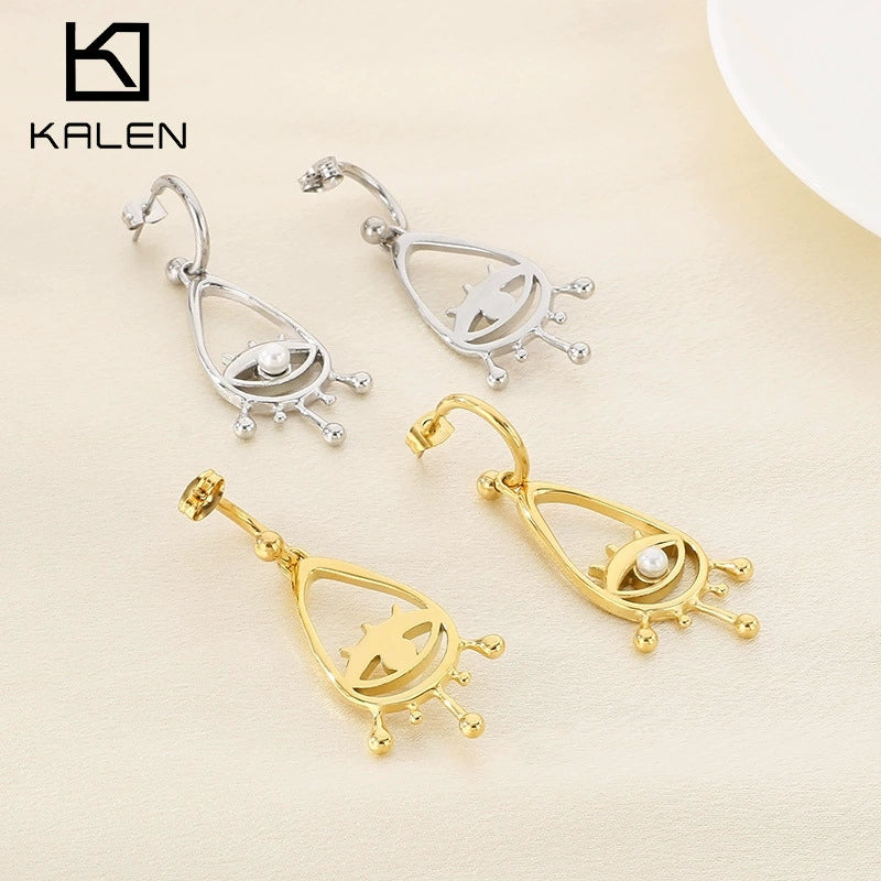 Women's Stainless Steel Cut Out Devil's Eye Inlaid Pearl Geometric Style Electroplated Earrings