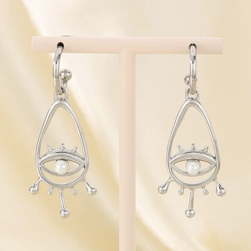 Women's Stainless Steel Cut Out Devil's Eye Inlaid Pearl Geometric Style Electroplated Earrings - Image 3