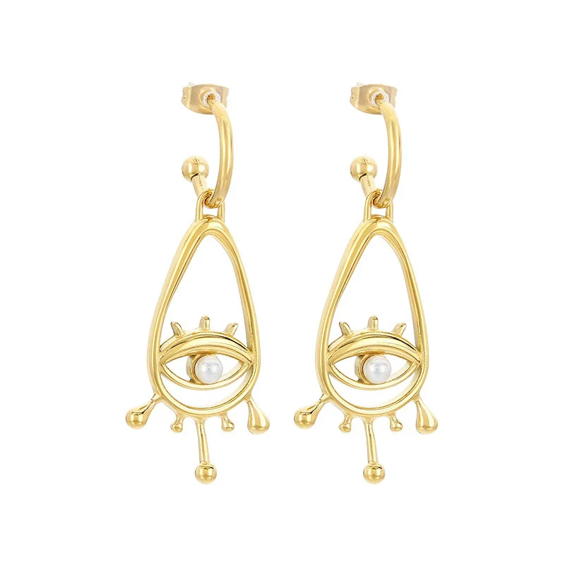 Women's Stainless Steel Cut Out Devil's Eye Inlaid Pearl Geometric Style Electroplated Earrings - Image 5