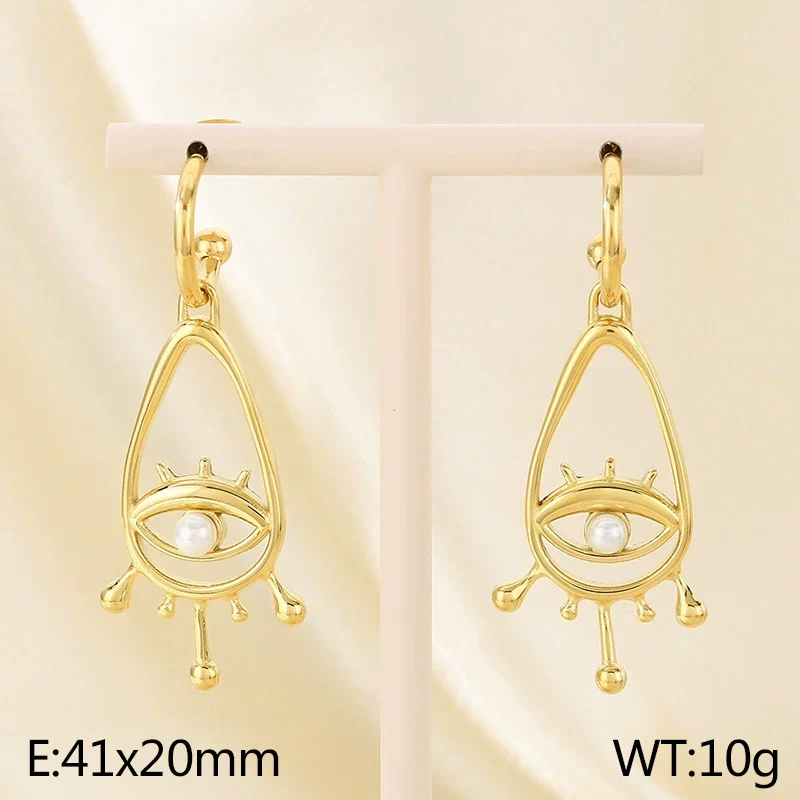 Women's Stainless Steel Cut Out Devil's Eye Inlaid Pearl Geometric Style Electroplated Earrings - Image 6