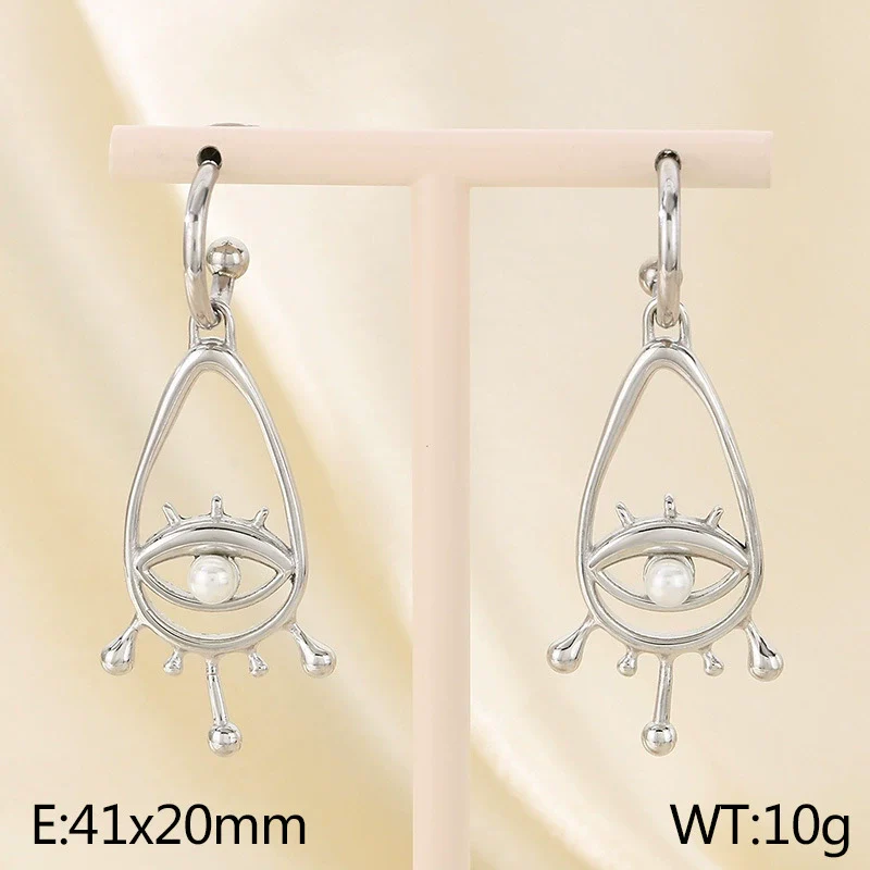 Women's Stainless Steel Cut Out Devil's Eye Inlaid Pearl Geometric Style Electroplated Earrings - Image 7