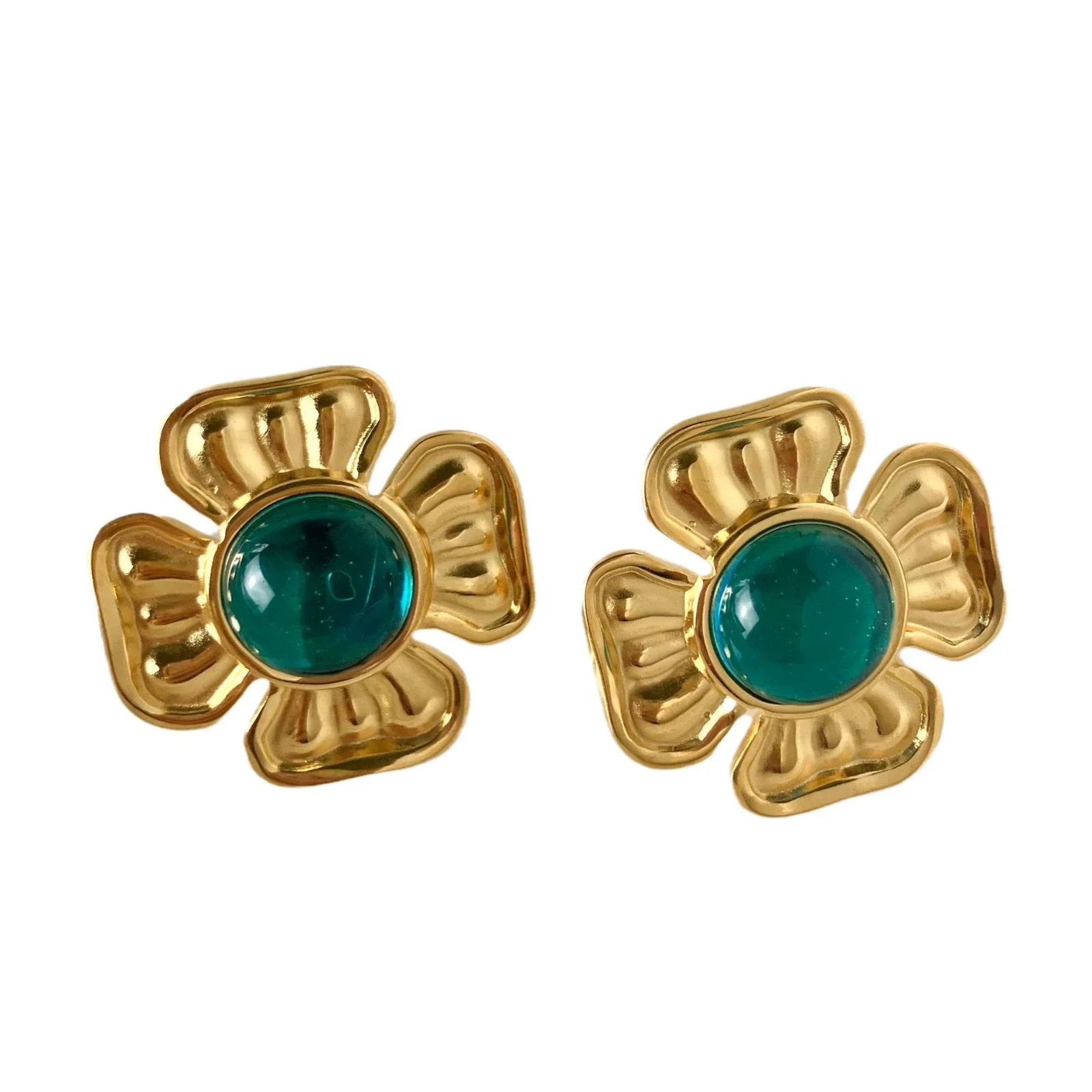 Women's Stainless Steel Flower Earrings With Retro Highend Sense Emerald Oil Painting Sense Electroplating Treatment - Image 5