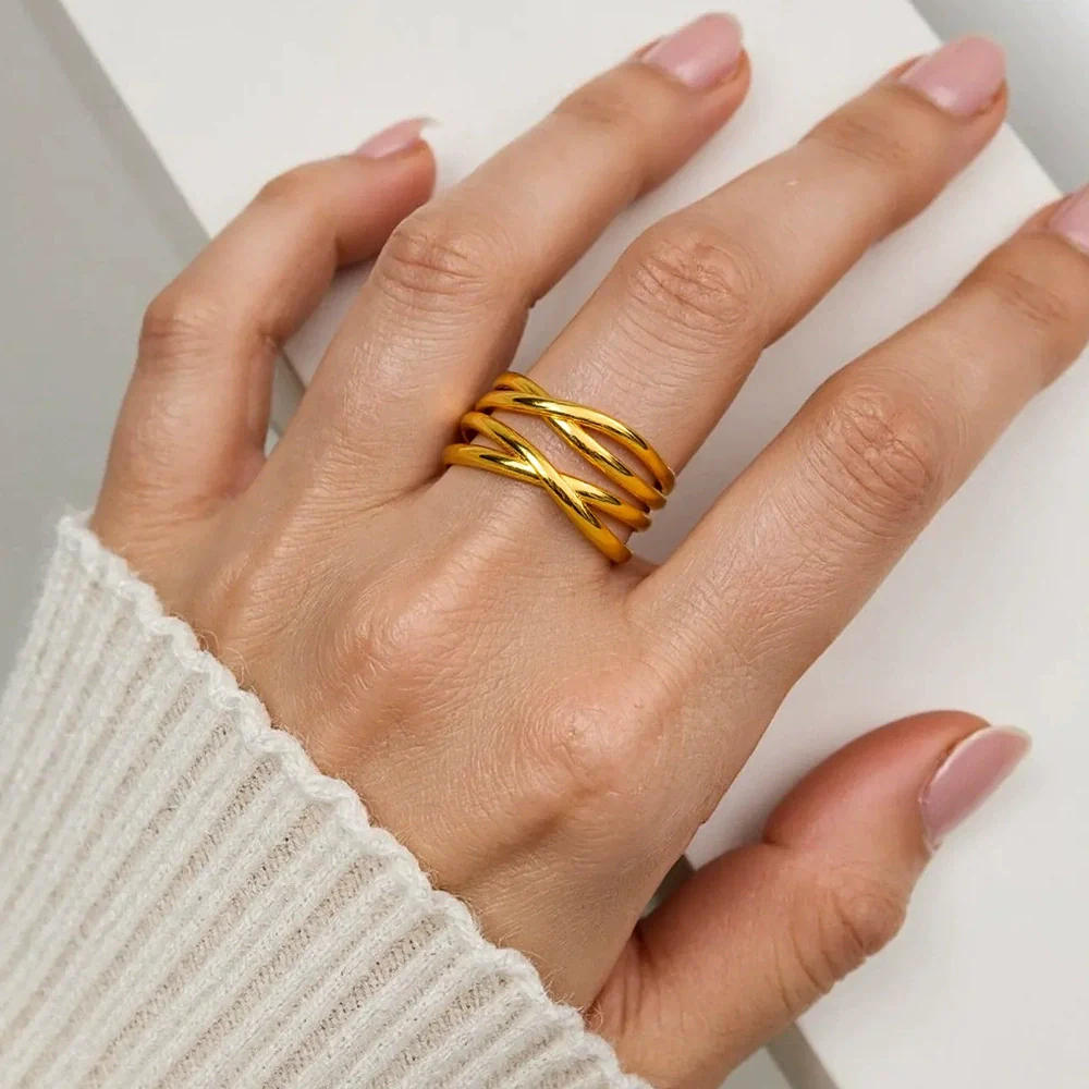 Women's Stainless Steel Geometric Irregular Opening Hand Jewelry Ring Electroplated 18K Gold Colorpreserving Light Luxury Style