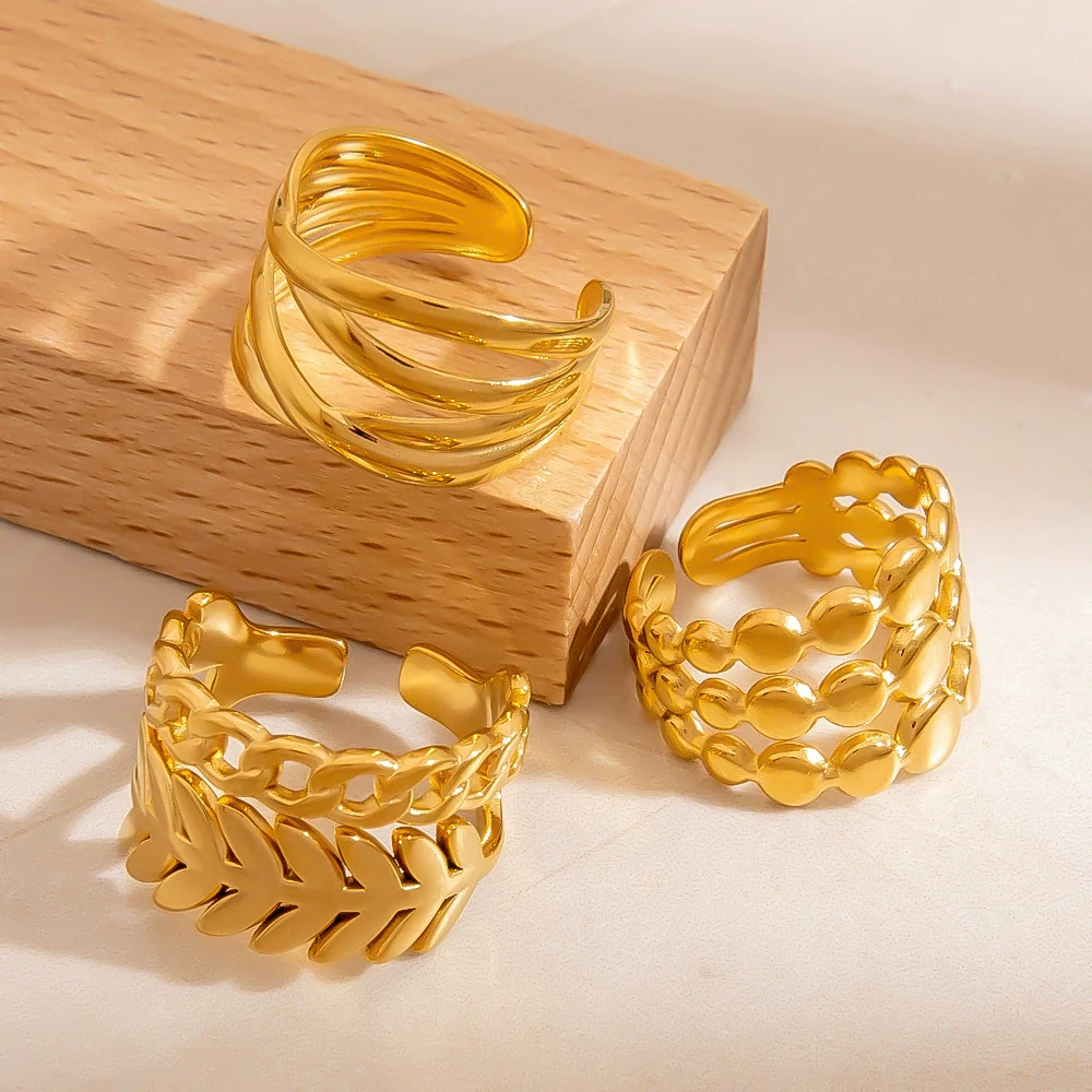 Women's Stainless Steel Geometric Irregular Opening Hand Jewelry Ring Electroplated 18K Gold Colorpreserving Light Luxury Style - Image 2