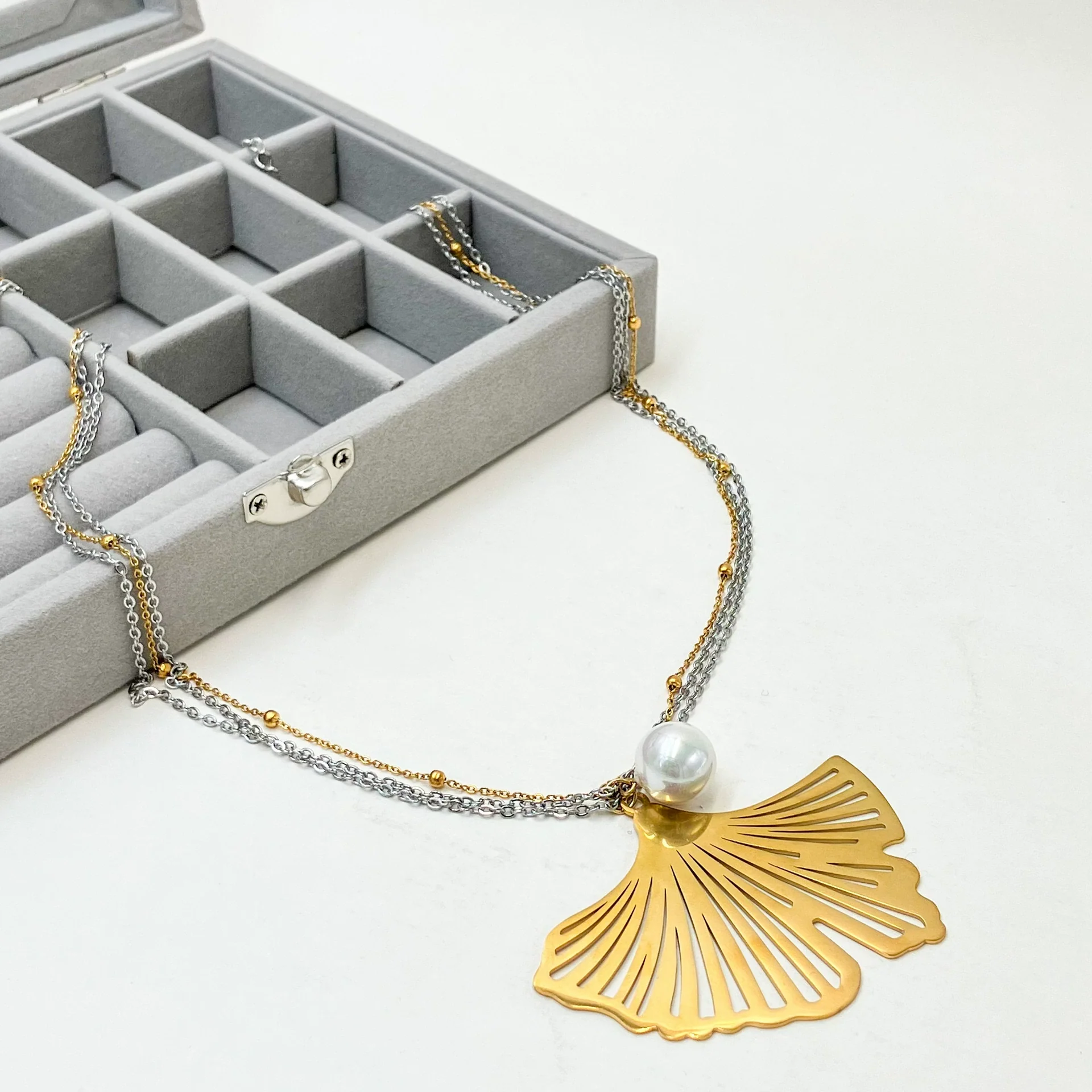 Women's Stainless Steel Gold Plated Jewelry Pearl Ginkgo Leaf Water Drop Flower Pendant Layered Necklace - Image 2