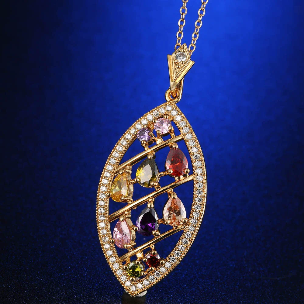 Women's Stainless Steel Leaf Pendant Necklace With Colorful Zircon And Plant Flower Pattern