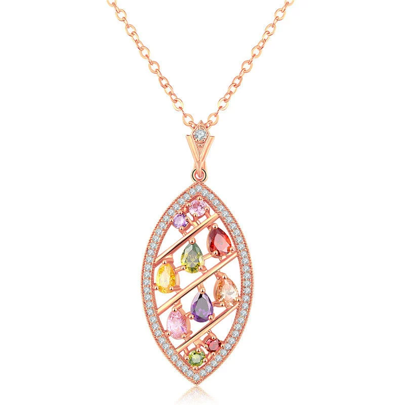 Women's Stainless Steel Leaf Pendant Necklace With Colorful Zircon And Plant Flower Pattern - Image 3