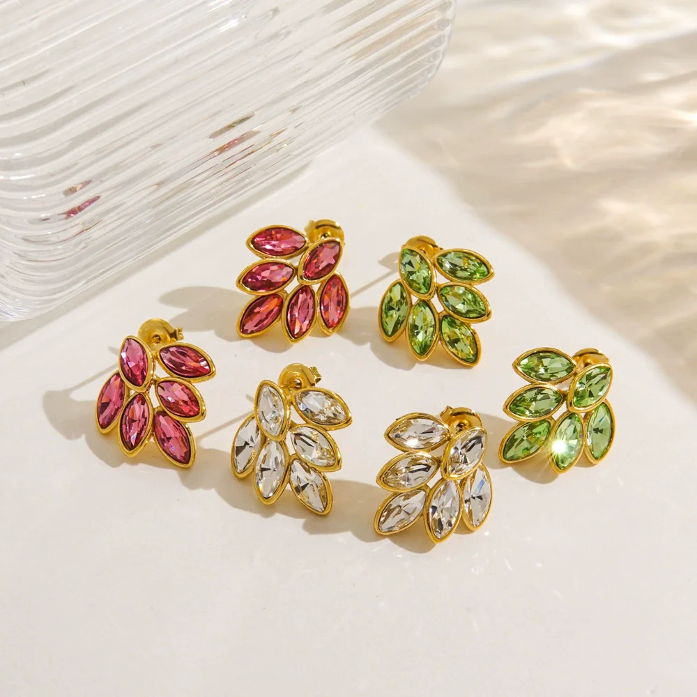 Women's Stainless Steel Leaf Shaped Earrings Inlaid With Colorful Zircon Polished And Vacuum Furnace Treated - Image 3