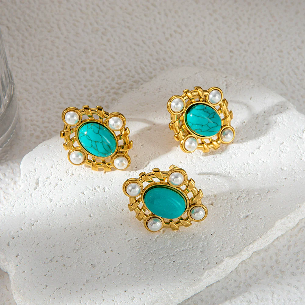 Women's Stainless Steel Pearl Blue Turquoise Open Ring Jewelry With Personality Style And Electroplating Process - Image 2