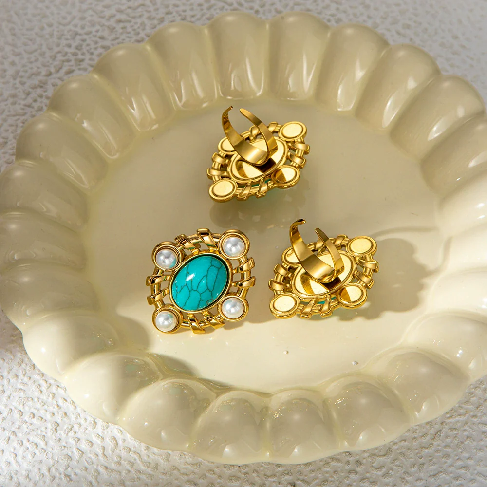 Women's Stainless Steel Pearl Blue Turquoise Open Ring Jewelry With Personality Style And Electroplating Process - Image 3