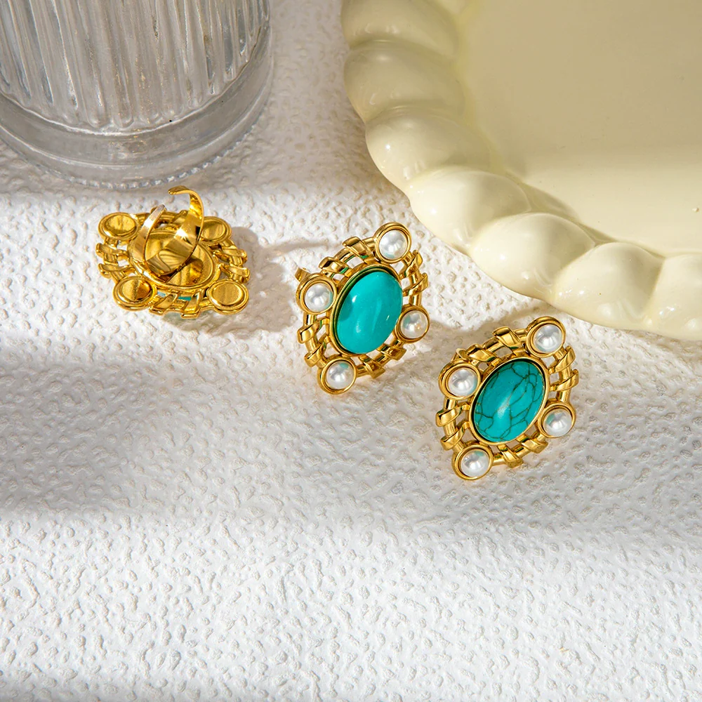 Women's Stainless Steel Pearl Blue Turquoise Open Ring Jewelry With Personality Style And Electroplating Process - Image 4