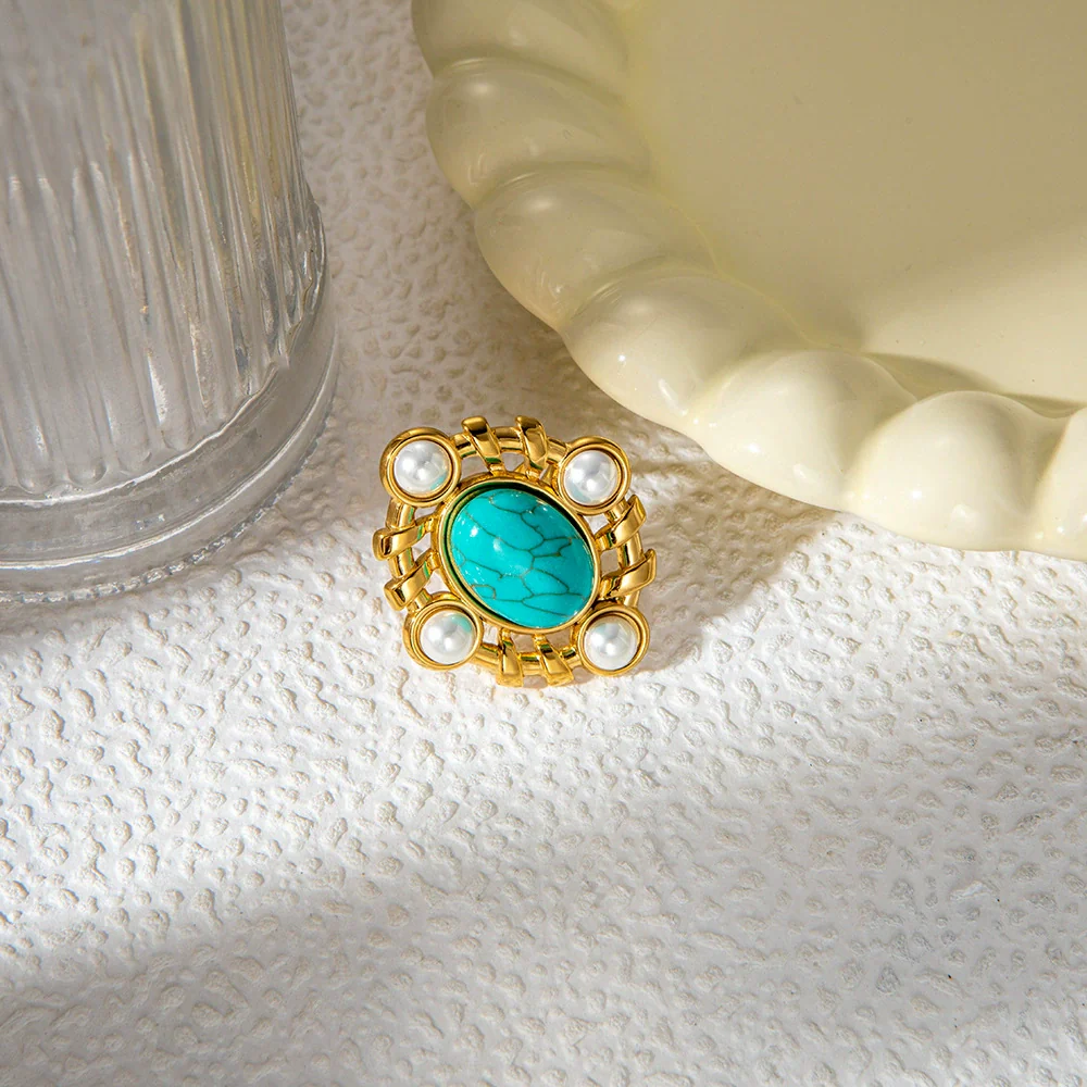 Women's Stainless Steel Pearl Blue Turquoise Open Ring Jewelry With Personality Style And Electroplating Process - Image 6