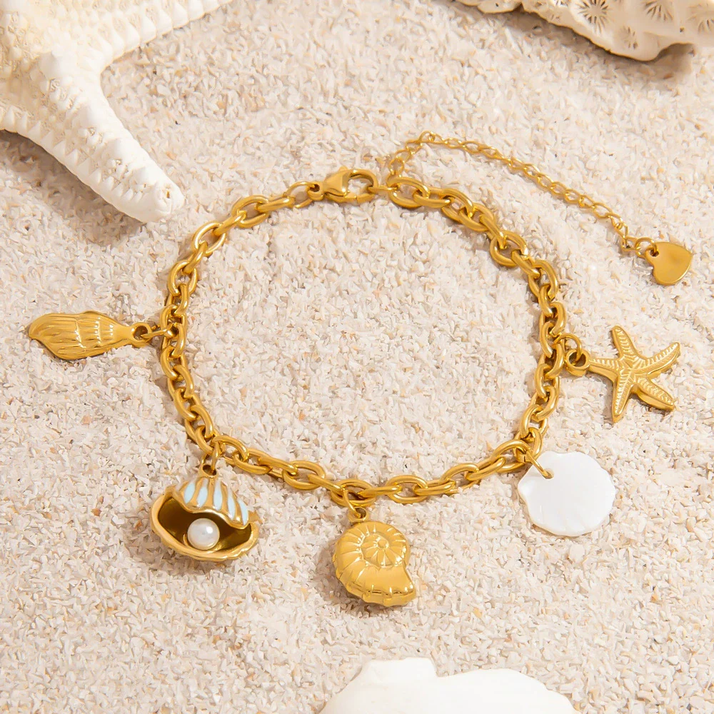 Women's Stainless Steel Pearl Bracelet With Conch Shell Pendant Plated With Gold Fashion Minimalist Jewelry - Image 3