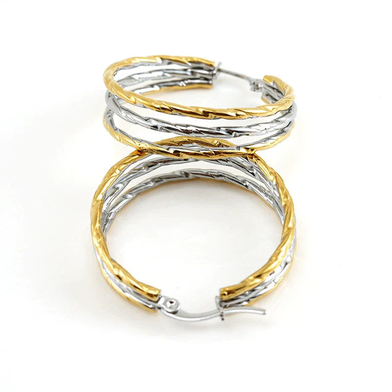 Women's Stainless Steel Round Geometric Twocolor Buckle Electroplated Earrings - Image 2