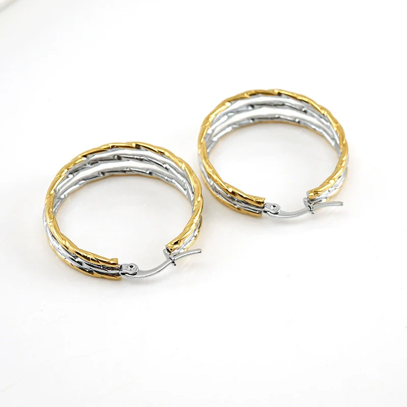 Women's Stainless Steel Round Geometric Twocolor Buckle Electroplated Earrings - Image 3