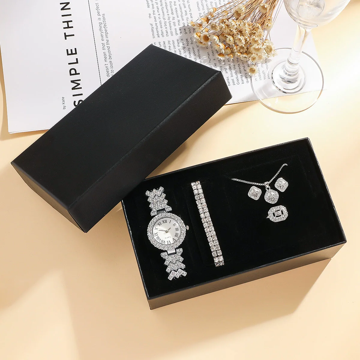 Women's Stainless Steel Silver Roman Literal Diamond Watch Jewelry Set Square Dial Leisure Style