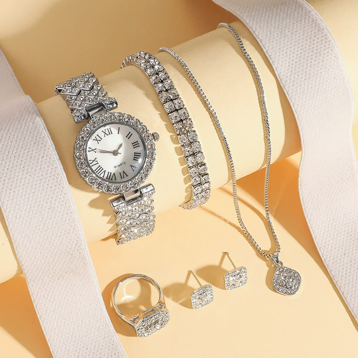 Women's Stainless Steel Silver Roman Literal Diamond Watch Jewelry Set Square Dial Leisure Style - Image 2