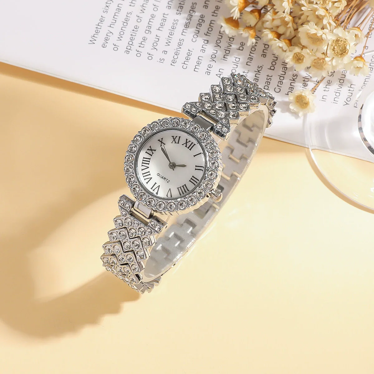 Women's Stainless Steel Silver Roman Literal Diamond Watch Jewelry Set Square Dial Leisure Style - Image 3