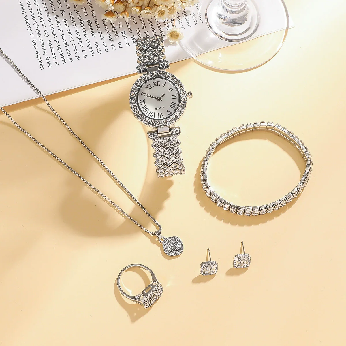 Women's Stainless Steel Silver Roman Literal Diamond Watch Jewelry Set Square Dial Leisure Style - Image 4