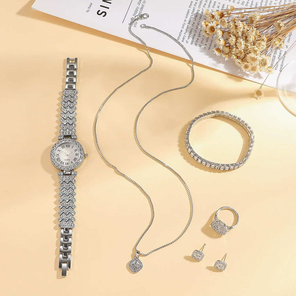 Women's Stainless Steel Silver Roman Literal Diamond Watch Jewelry Set Square Dial Leisure Style - Image 5