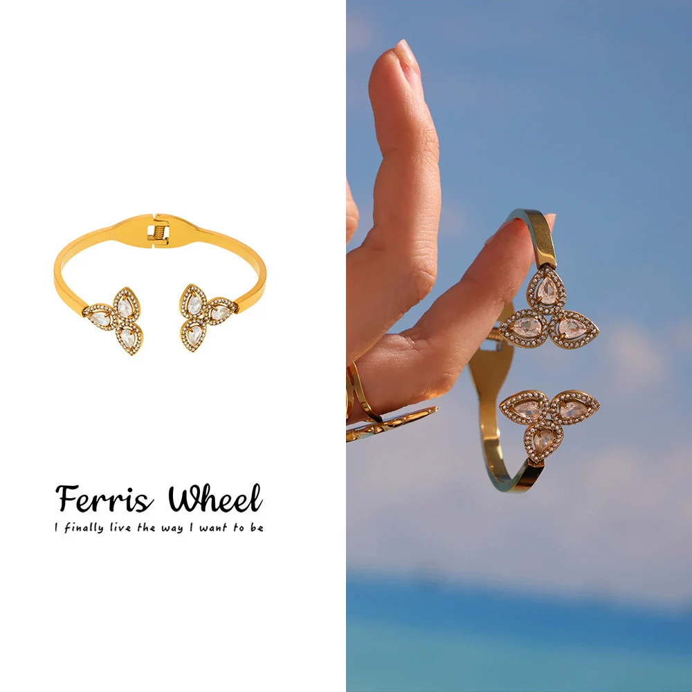 Women's Stainless Steel Zircon Ferris Wheel Water Drop Petals Open Bracelet Pvd Vacuum Gold Plated Electroplated Fashion Plants Flowers Style