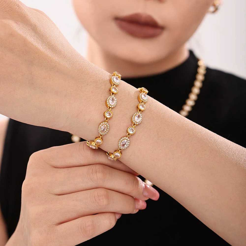 Women's Stainless Steel Zircon Inlaid Geometric Handmade Pvd Plated Electroplated Bracelet Jewelry - Image 4