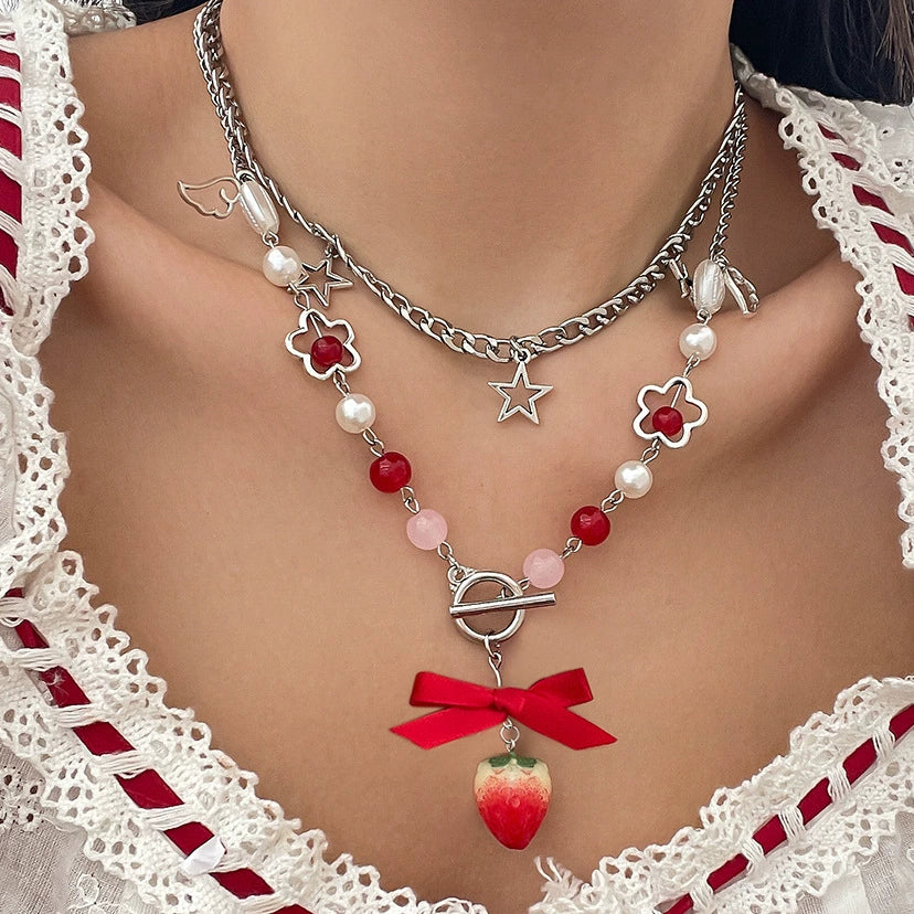 Women's Strawberry Bow Pendant Necklace With Iron Chain Imitation Pearls Alloy Acrylic Glass Beads Dripping Oil Style - Image 6