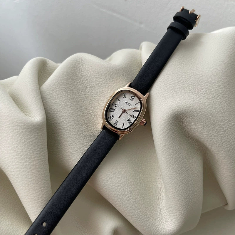 Women's Summer French Retro Alloy Case Ordinary Glass Mirror Oval Thin Band Compact Roman Golden Watch - Image 8