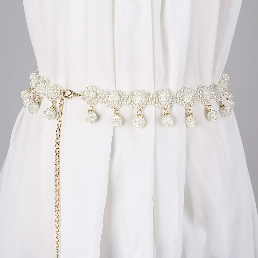 Women's Sweet Flower Shape Pearl Chain Belt Handmade Beaded Metal Dress Waist Chain - Image 2
