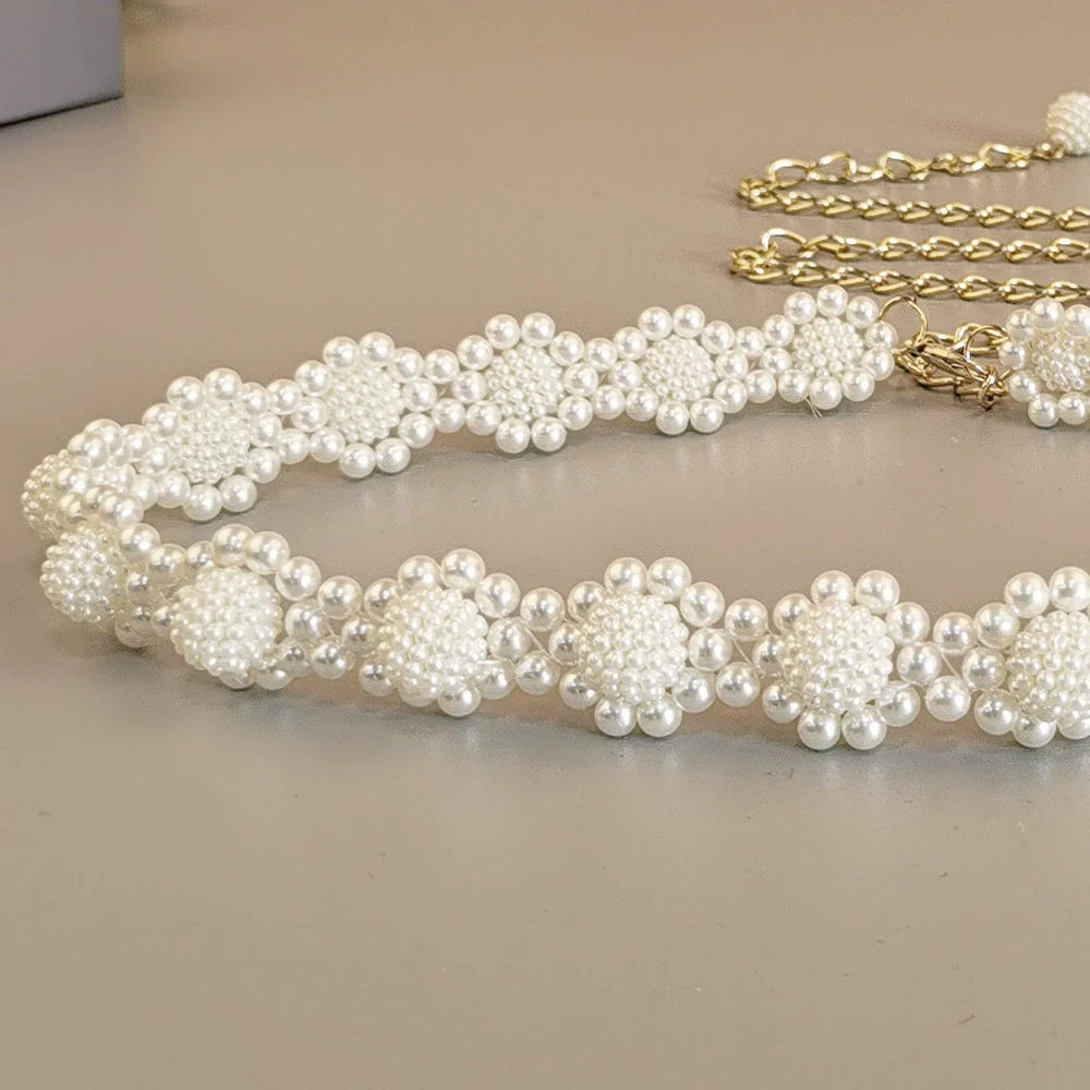 Women's Sweet Flower Shape Pearl Chain Belt Handmade Beaded Metal Dress Waist Chain - Image 6