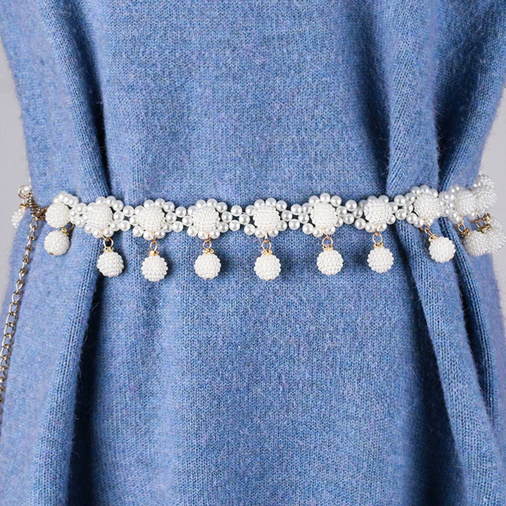 Women's Sweet Flower Shape Pearl Chain Belt Handmade Beaded Metal Dress Waist Chain - Image 7