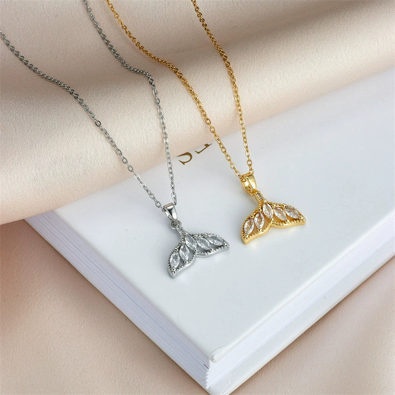 Women's Titanium Steel And Copper Fishtail Zircon Pendant Necklace With Mixed Gem Inlay And Electroplating Ochain Style Simple Design - Image 3