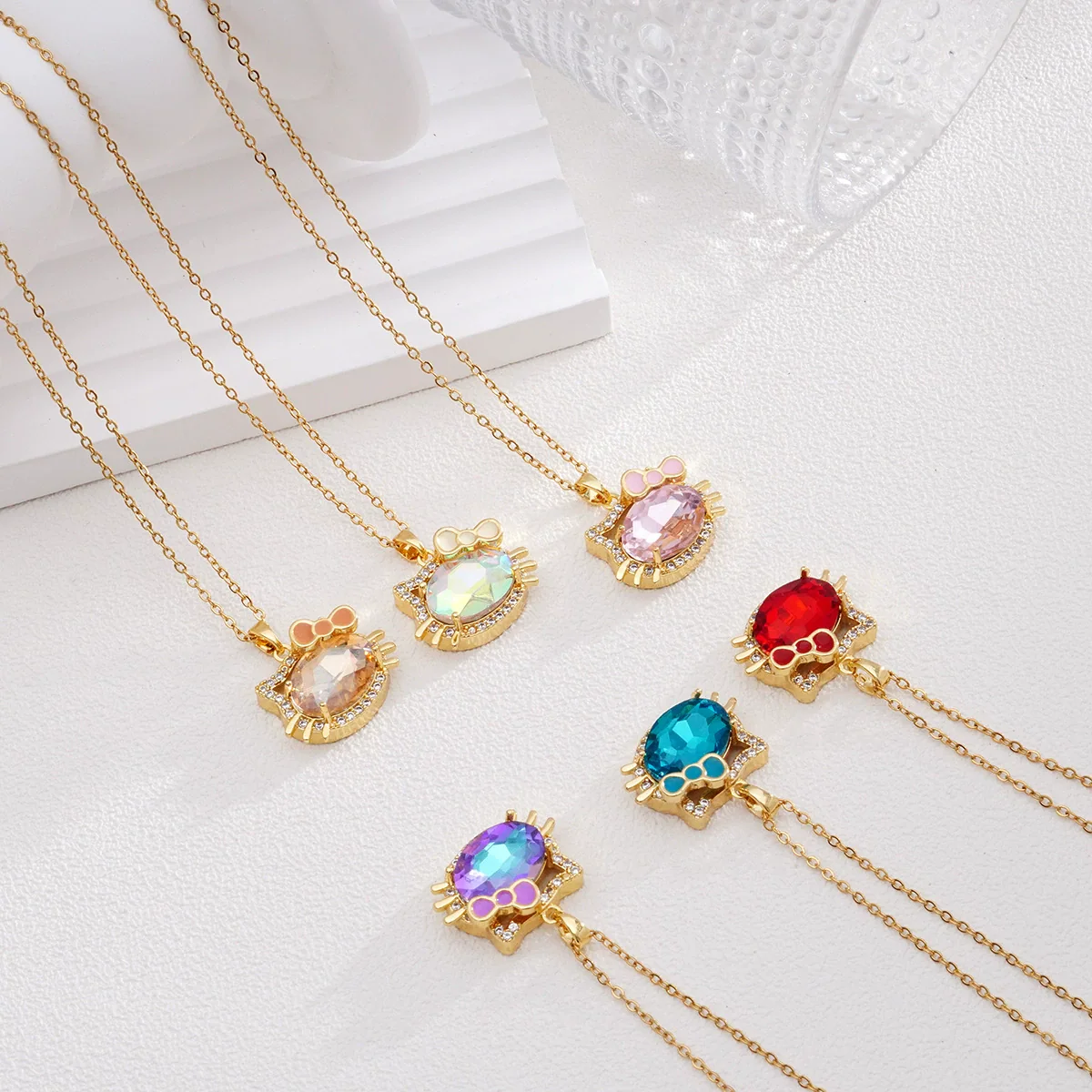 Women's Titanium Steel And Copper Necklace With 18K Gold Plated Ktm Cat Cartoon Pendant And Mixed Gemstone Inlay Electroplated O Chain Style - Image 2