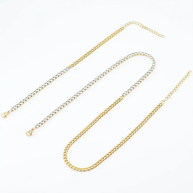 Women's 316L Stainless Steel Cuban Chain Diamond Geometric Fashion Necklace And Bracelet - Image 2