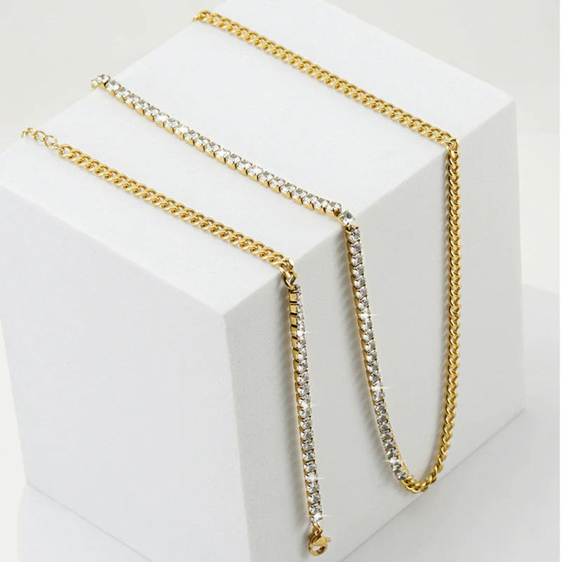 Women's 316L Stainless Steel Cuban Chain Diamond Geometric Fashion Necklace And Bracelet - Image 4