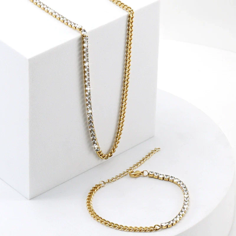 Women's 316L Stainless Steel Cuban Chain Diamond Geometric Fashion Necklace And Bracelet - Image 5