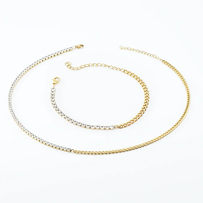 Women's 316L Stainless Steel Cuban Chain Diamond Geometric Fashion Necklace And Bracelet - Image 7