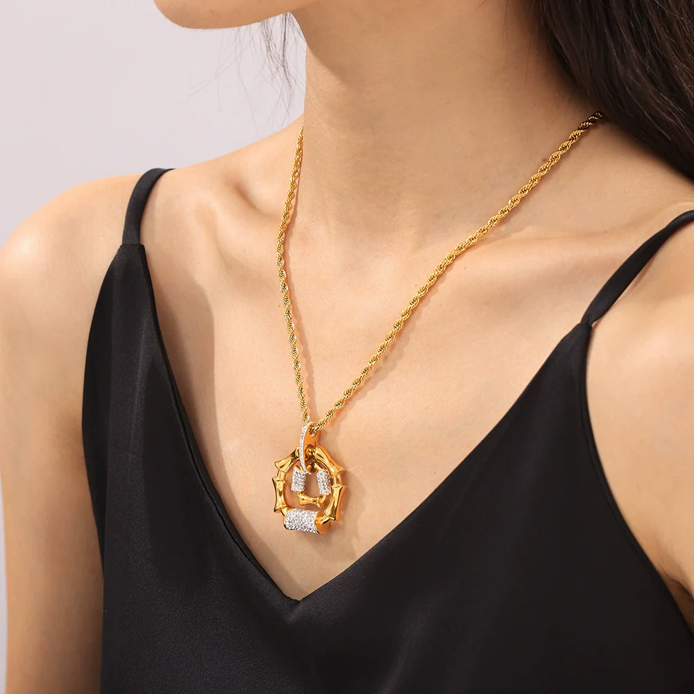 Women's Titanium Steel Diamond Pendant Twist Woven Chain Necklace Jewelry Set With Pillar Stitching And Gold Plated Electroplating - Image 4