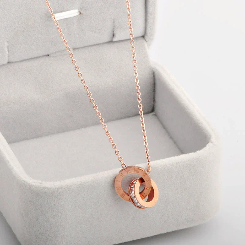 Women's Titanium Steel Double Ring Clavicle Chain With Roman Numerals And Letter Pattern Electroplated Neck Jewelry - Image 2