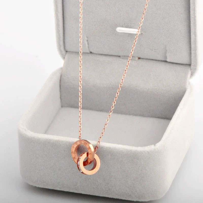 Women's Titanium Steel Double Ring Clavicle Chain With Roman Numerals And Letter Pattern Electroplated Neck Jewelry - Image 3