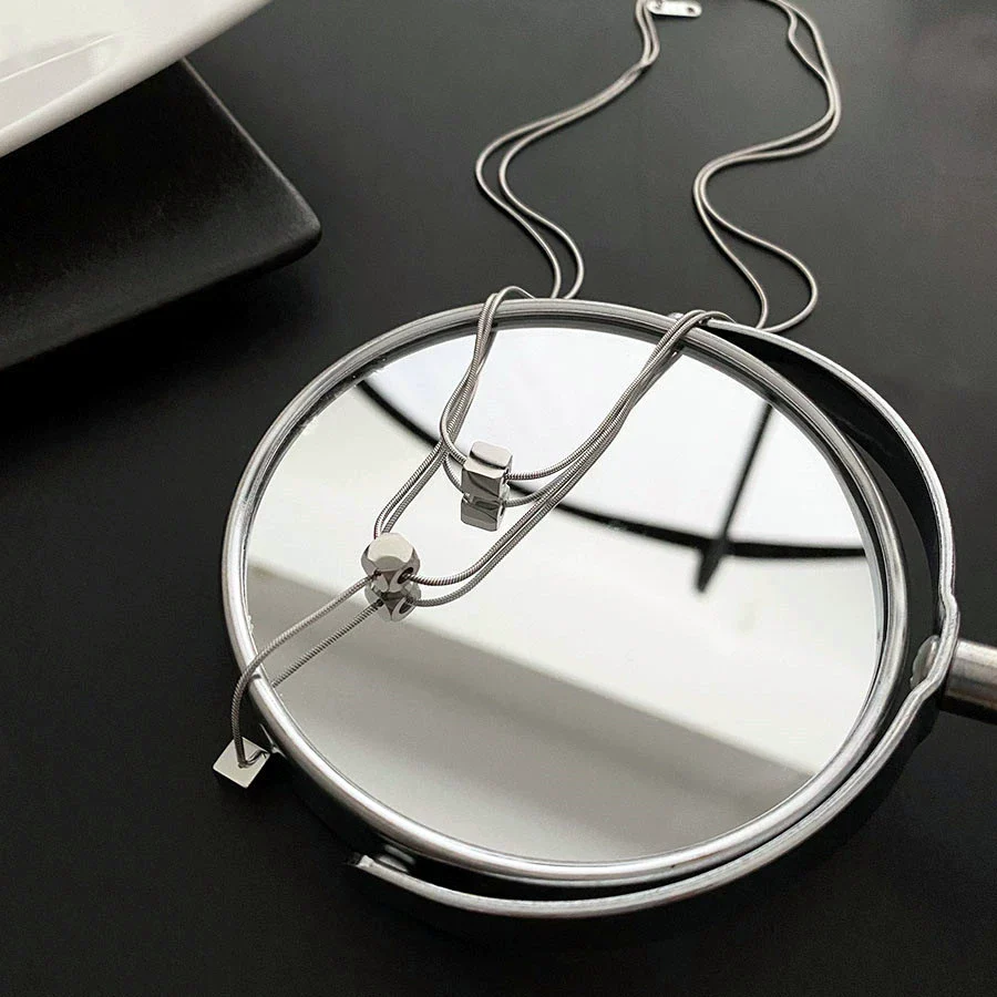 Women's Titanium Steel Double Square Hip Hop Geometric Clavicle Chain Pendant Necklace - Image 3