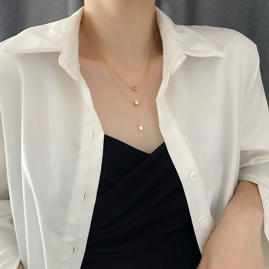 Women's Titanium Steel Double Square Hip Hop Geometric Clavicle Chain Pendant Necklace - Image 4