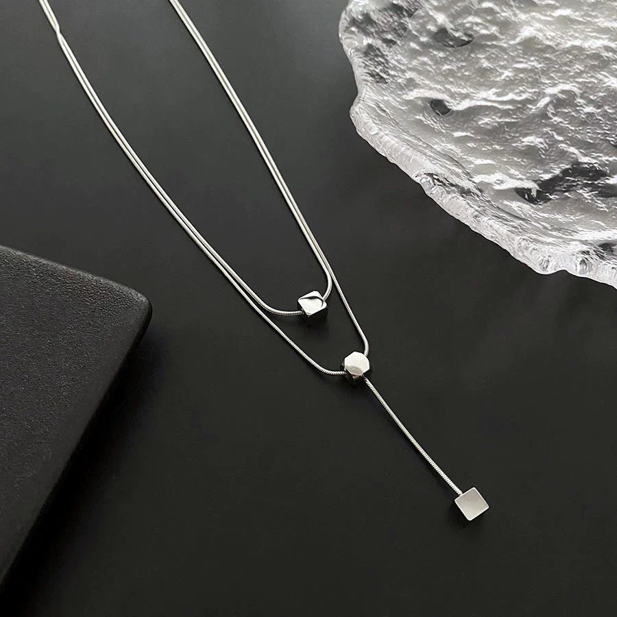 Women's Titanium Steel Double Square Hip Hop Geometric Clavicle Chain Pendant Necklace - Image 6