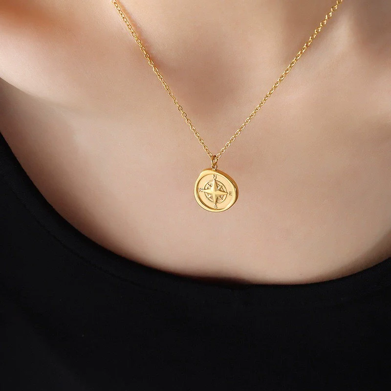 Women's Titanium Steel Electroplated Geometric Round Compass Necklace - Image 3