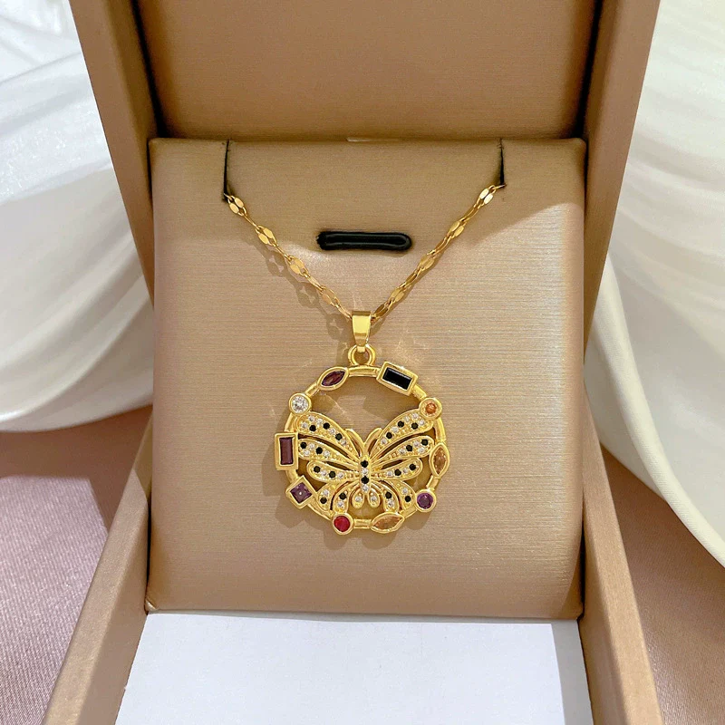 Women's Titanium Steel Exaggerated Color Butterfly Microinlaid Real Gold Geometric Design Necklace