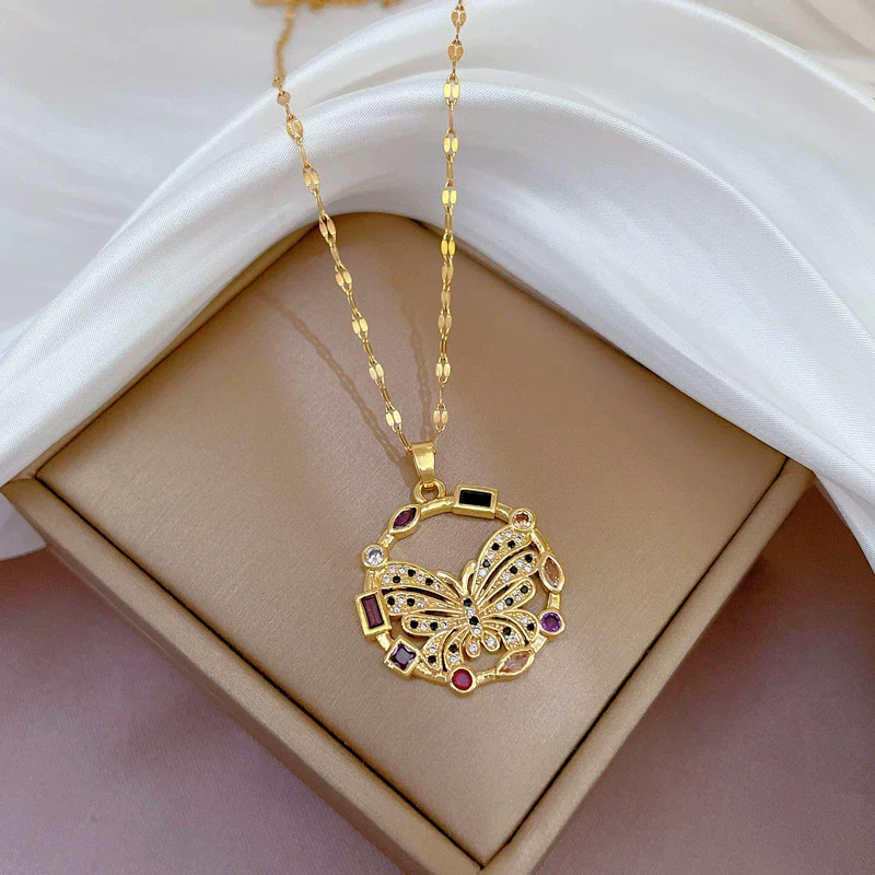 Women's Titanium Steel Exaggerated Color Butterfly Microinlaid Real Gold Geometric Design Necklace - Image 2