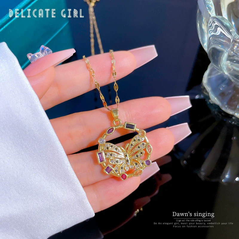 Women's Titanium Steel Exaggerated Color Butterfly Microinlaid Real Gold Geometric Design Necklace - Image 3