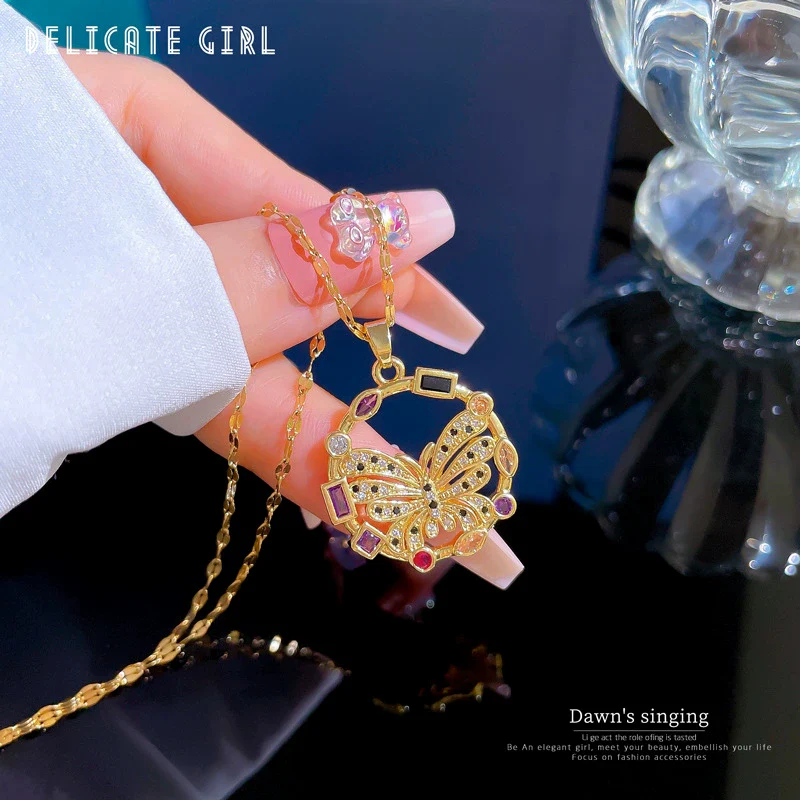 Women's Titanium Steel Exaggerated Color Butterfly Microinlaid Real Gold Geometric Design Necklace - Image 4